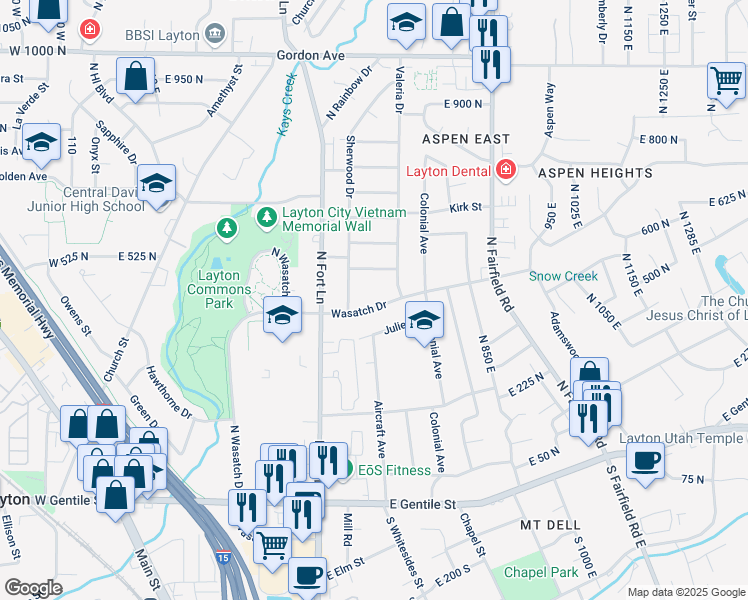 map of restaurants, bars, coffee shops, grocery stores, and more near 589 Wasatch Drive in Layton