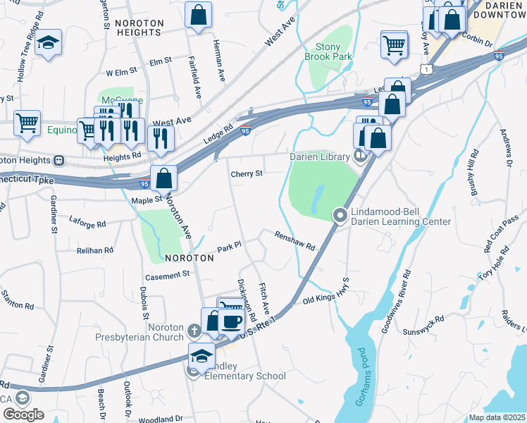 map of restaurants, bars, coffee shops, grocery stores, and more near 2 Renshaw Road in Darien