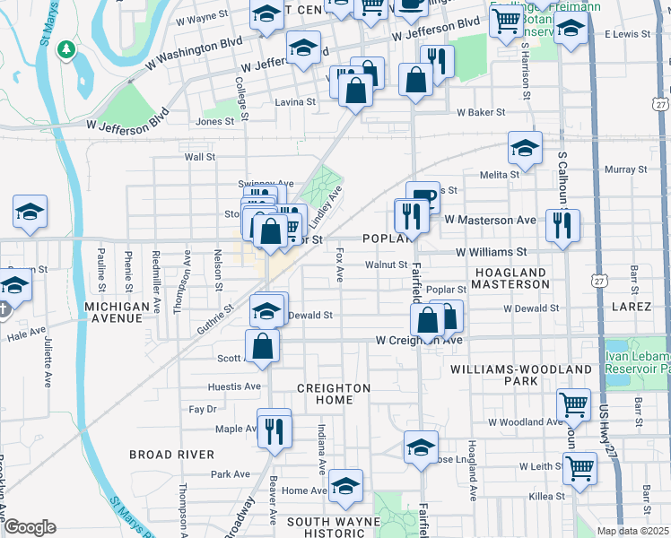 map of restaurants, bars, coffee shops, grocery stores, and more near 2104 Fox Avenue in Fort Wayne