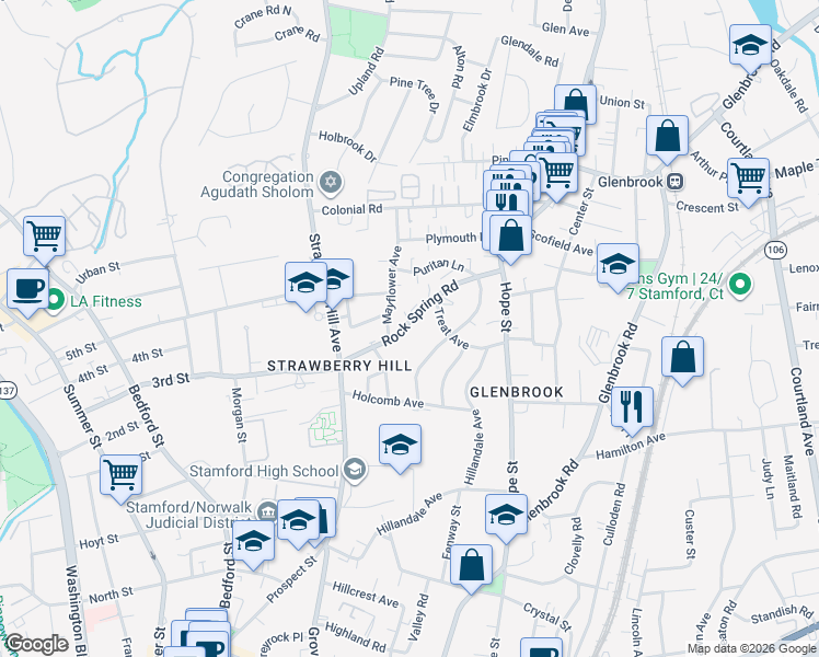 map of restaurants, bars, coffee shops, grocery stores, and more near 59 Rock Spring Road in Stamford