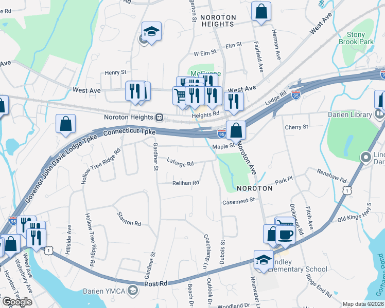 map of restaurants, bars, coffee shops, grocery stores, and more near 44 Maple Street in Darien