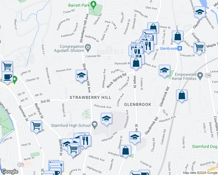 map of restaurants, bars, coffee shops, grocery stores, and more near 77 Rock Spring Road in Stamford