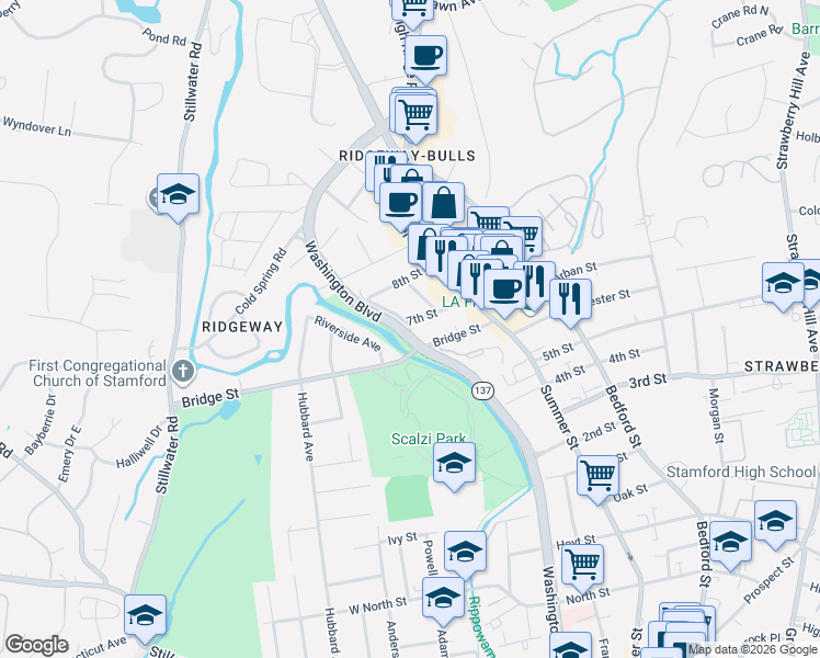 map of restaurants, bars, coffee shops, grocery stores, and more near 31 Waterford Lane in Stamford