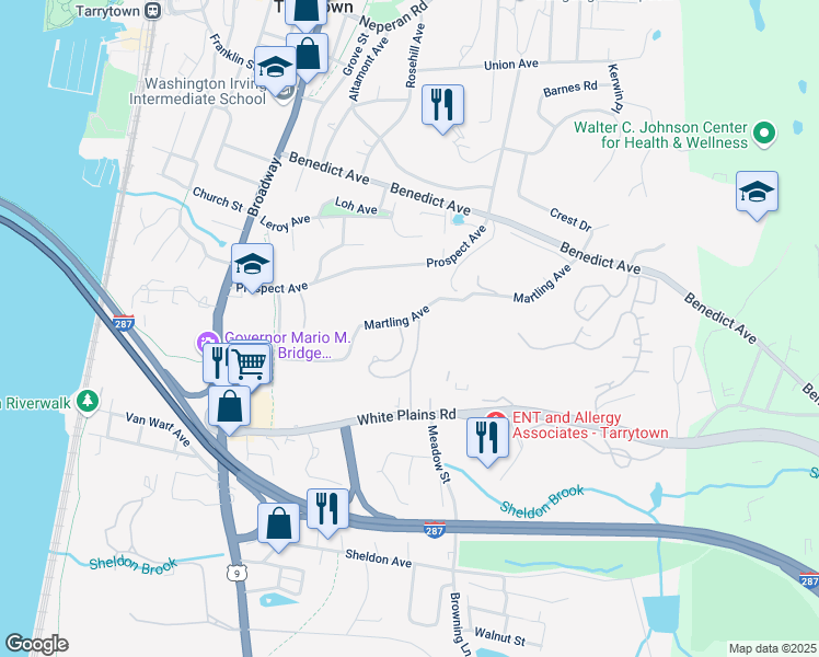 map of restaurants, bars, coffee shops, grocery stores, and more near 154 Martling Avenue in Tarrytown