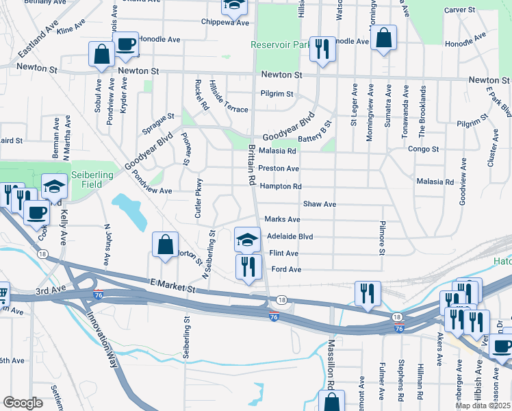 map of restaurants, bars, coffee shops, grocery stores, and more near 172 Brittain Road in Akron