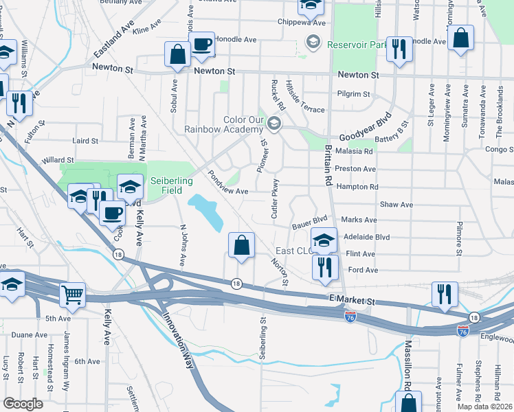 map of restaurants, bars, coffee shops, grocery stores, and more near 1415 Sara Avenue in Akron