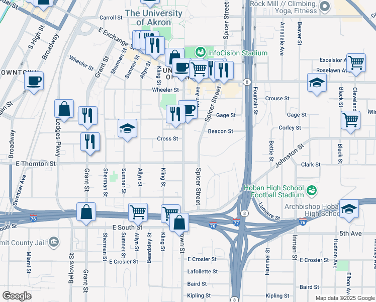 map of restaurants, bars, coffee shops, grocery stores, and more near 544 Brown Street in Akron