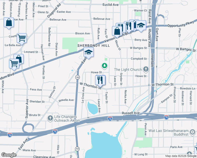 map of restaurants, bars, coffee shops, grocery stores, and more near 995 Leroy Avenue in Akron