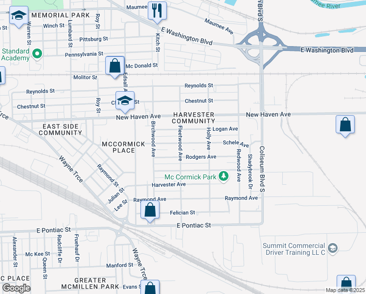 map of restaurants, bars, coffee shops, grocery stores, and more near 3325 Schele Avenue in Fort Wayne