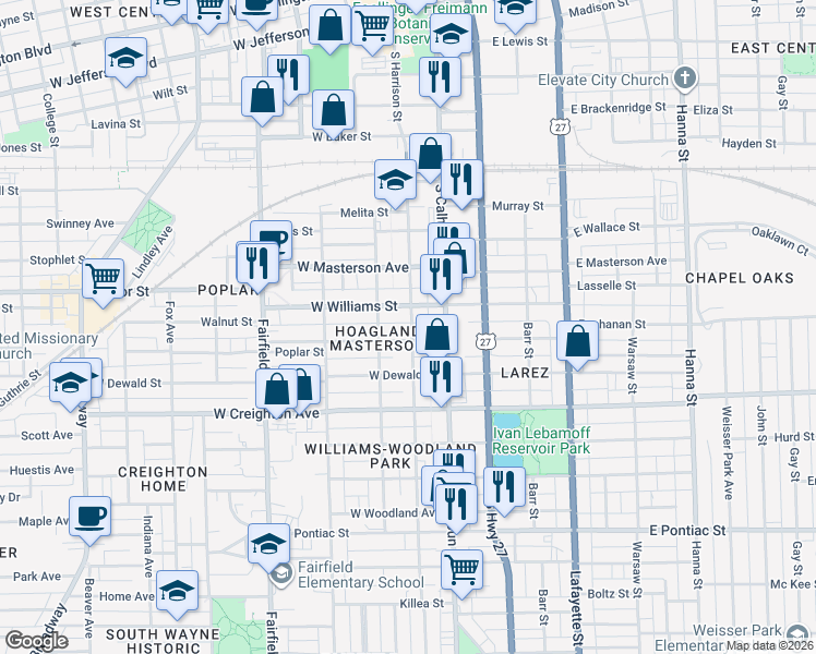 map of restaurants, bars, coffee shops, grocery stores, and more near 213 West Williams Street in Fort Wayne