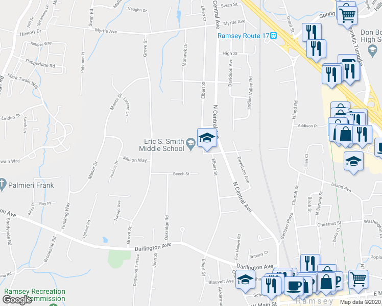 map of restaurants, bars, coffee shops, grocery stores, and more near 2 Monroe Street in Ramsey