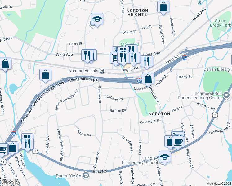 map of restaurants, bars, coffee shops, grocery stores, and more near 44 Maple Street in Darien