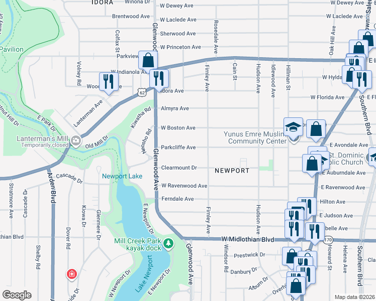 map of restaurants, bars, coffee shops, grocery stores, and more near 604 Parkcliffe Avenue in Youngstown