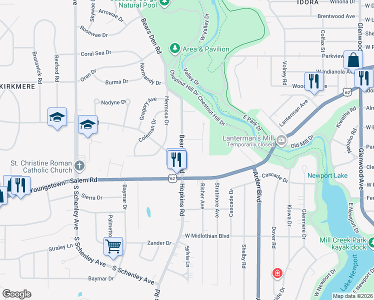 map of restaurants, bars, coffee shops, grocery stores, and more near 1919 Hayden Drive in Youngstown