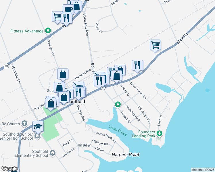 map of restaurants, bars, coffee shops, grocery stores, and more near 55795 Main Road in Southold
