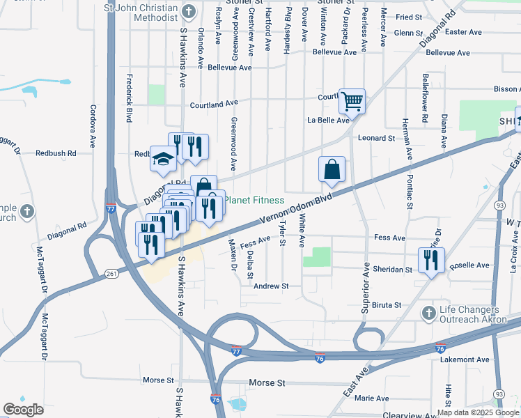 map of restaurants, bars, coffee shops, grocery stores, and more near 1199 Vernon Odom Boulevard in Akron