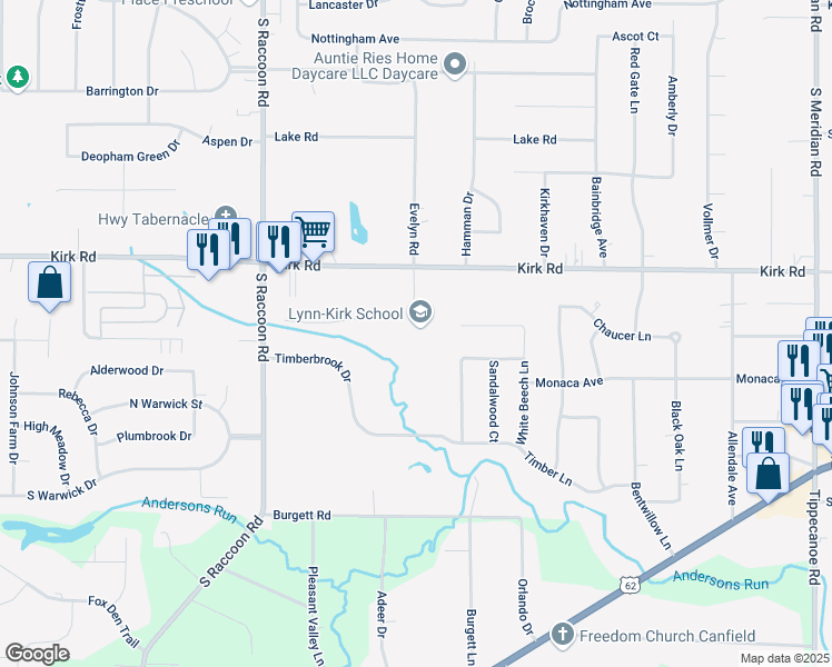 map of restaurants, bars, coffee shops, grocery stores, and more near 4211 Evelyn Road in Youngstown
