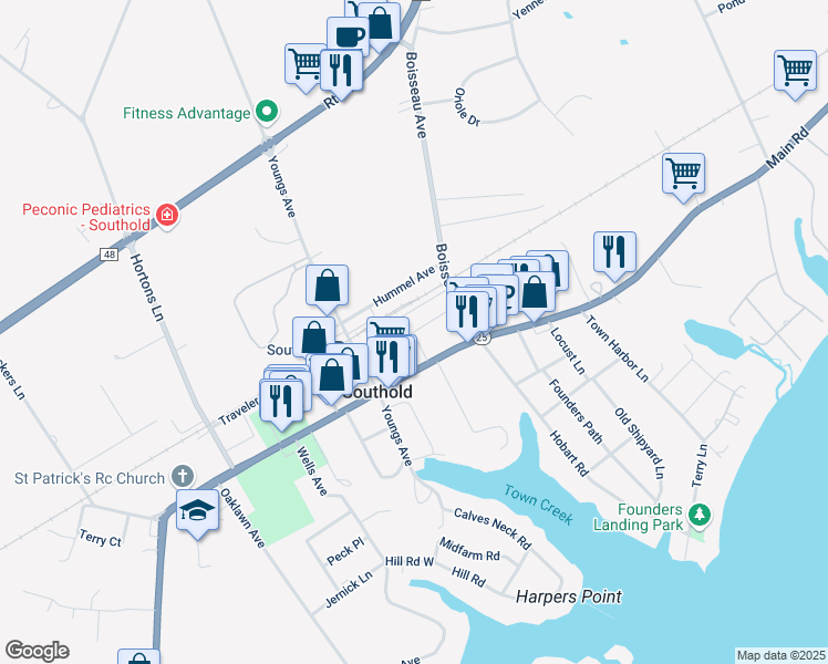 map of restaurants, bars, coffee shops, grocery stores, and more near Ann Way in Southold