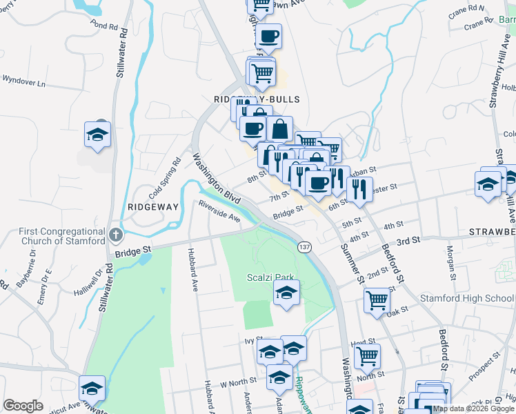 map of restaurants, bars, coffee shops, grocery stores, and more near 31 Waterford Lane in Stamford