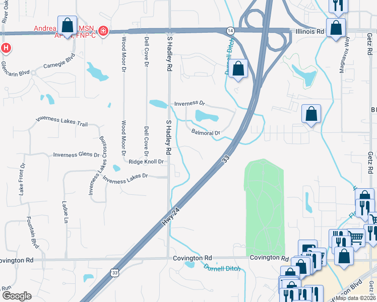 map of restaurants, bars, coffee shops, grocery stores, and more near 1903 South Hadley Road in Fort Wayne