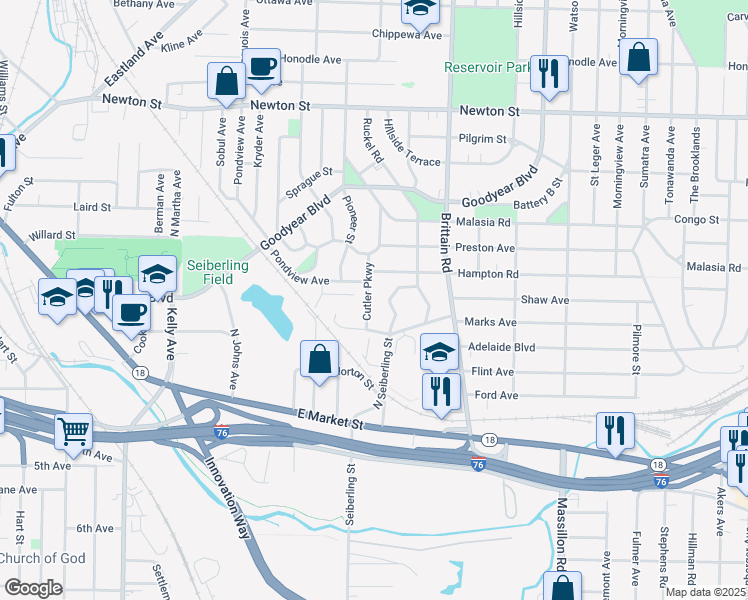 map of restaurants, bars, coffee shops, grocery stores, and more near 165 Cutler Parkway in Akron