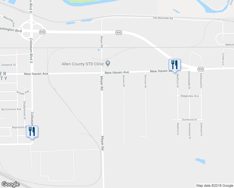 map of restaurants, bars, coffee shops, grocery stores, and more near 2122 Bremer Road in Fort Wayne