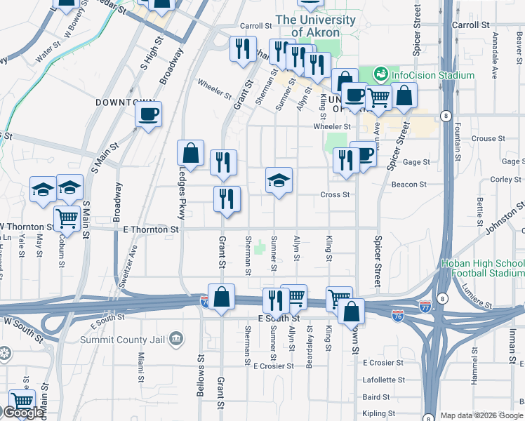map of restaurants, bars, coffee shops, grocery stores, and more near 289 Sumner Court in Akron