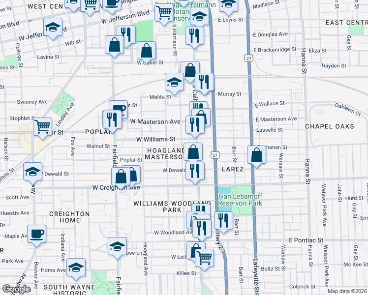 map of restaurants, bars, coffee shops, grocery stores, and more near 2017 Harrison Street in Fort Wayne