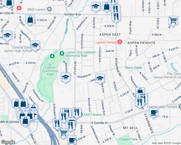 map of restaurants, bars, coffee shops, grocery stores, and more near 589 Wasatch Drive in Layton