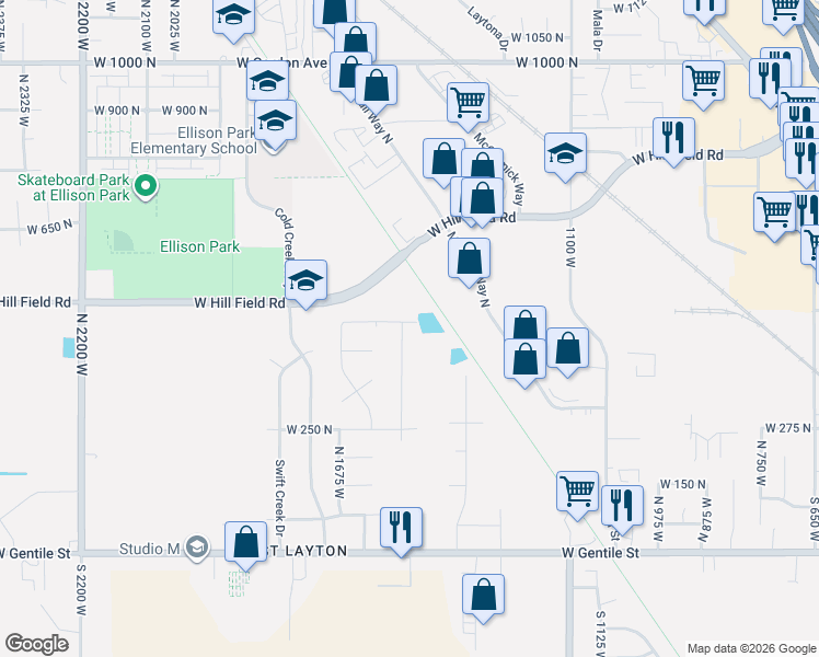 map of restaurants, bars, coffee shops, grocery stores, and more near Denver and Rio Grande Western Rail Trail in Layton