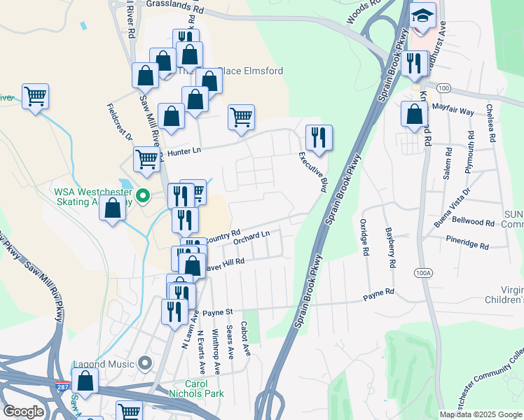 map of restaurants, bars, coffee shops, grocery stores, and more near 604 Old Country Road in Elmsford