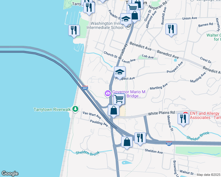 map of restaurants, bars, coffee shops, grocery stores, and more near 299 South Broadway in Tarrytown