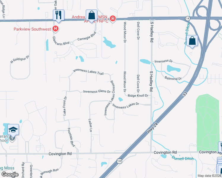 map of restaurants, bars, coffee shops, grocery stores, and more near 1919 Inverness Lakes Crossing in Fort Wayne