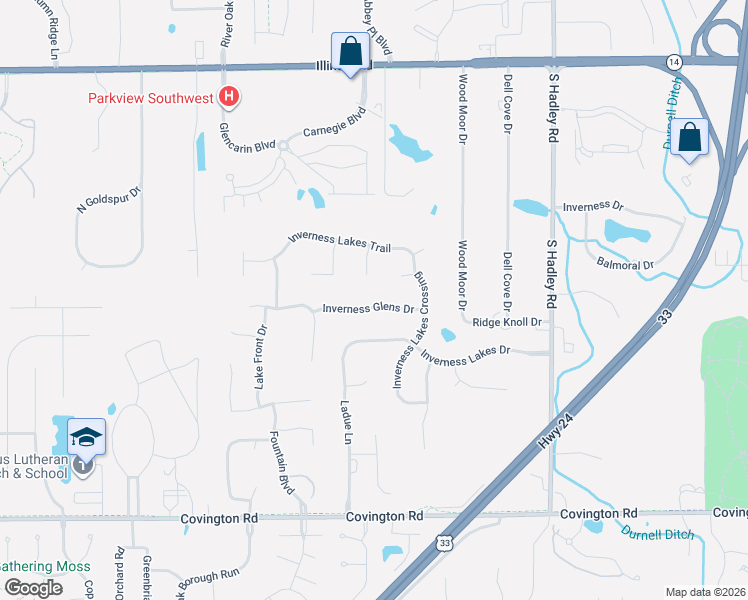 map of restaurants, bars, coffee shops, grocery stores, and more near 7718 Inverness Glens Drive in Fort Wayne
