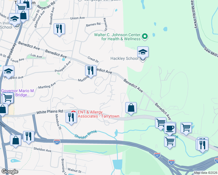 map of restaurants, bars, coffee shops, grocery stores, and more near 293 Carrollwood Drive in Tarrytown