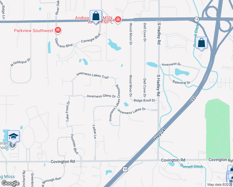 map of restaurants, bars, coffee shops, grocery stores, and more near 1919 Inverness Lakes Crossing in Fort Wayne
