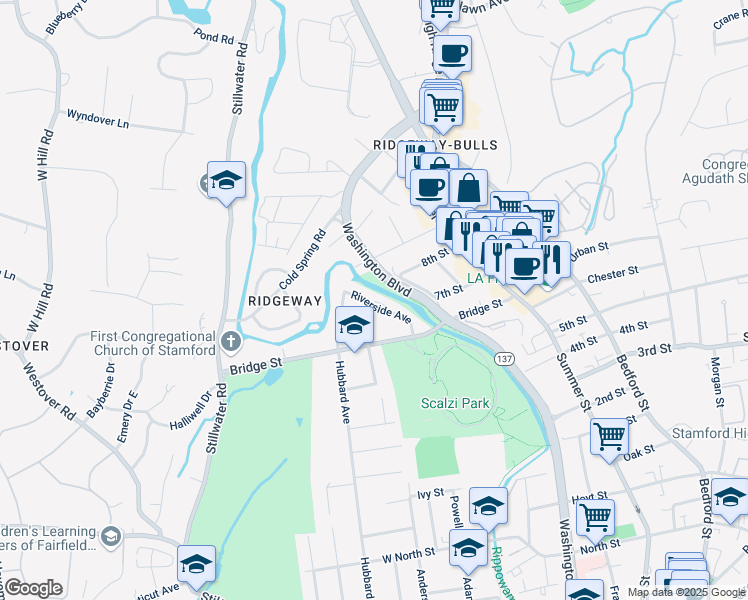 map of restaurants, bars, coffee shops, grocery stores, and more near 51 Riverside Avenue in Stamford