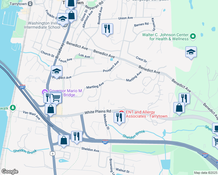 map of restaurants, bars, coffee shops, grocery stores, and more near 222 Martling Avenue in Tarrytown
