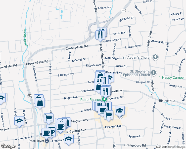 map of restaurants, bars, coffee shops, grocery stores, and more near 221 North Middletown Road in Tappan