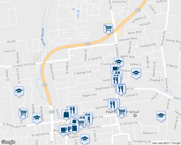 map of restaurants, bars, coffee shops, grocery stores, and more near 204 Hobart Street in Pearl River