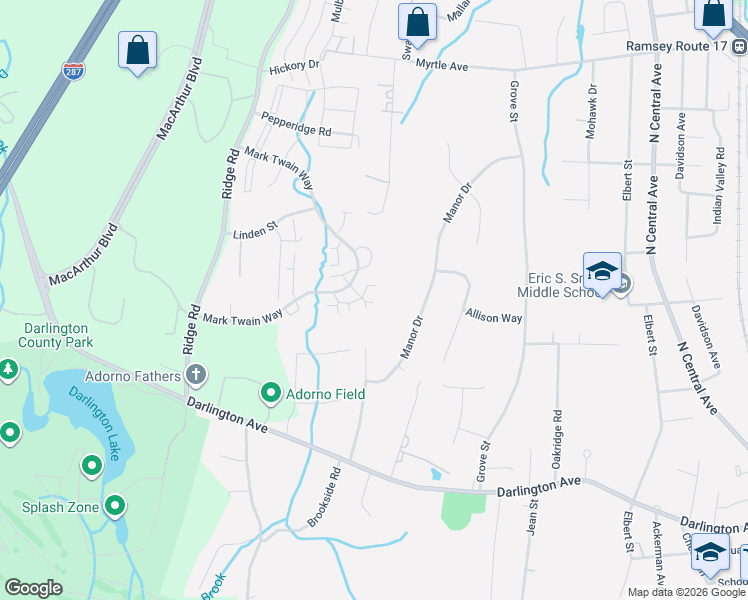 map of restaurants, bars, coffee shops, grocery stores, and more near 2713 Hemingway Lane in Mahwah