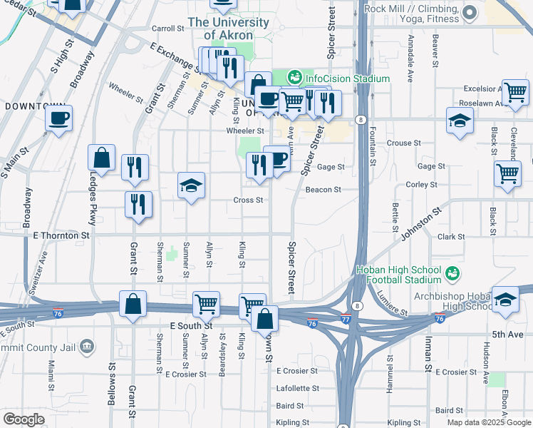map of restaurants, bars, coffee shops, grocery stores, and more near 550 Brown Street in Akron