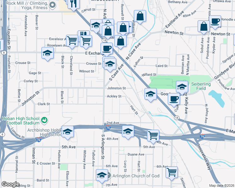 map of restaurants, bars, coffee shops, grocery stores, and more near 1139 Ackley Street in Akron