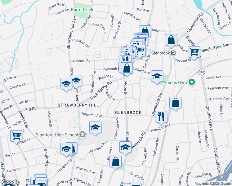 map of restaurants, bars, coffee shops, grocery stores, and more near Abel Avenue in Stamford