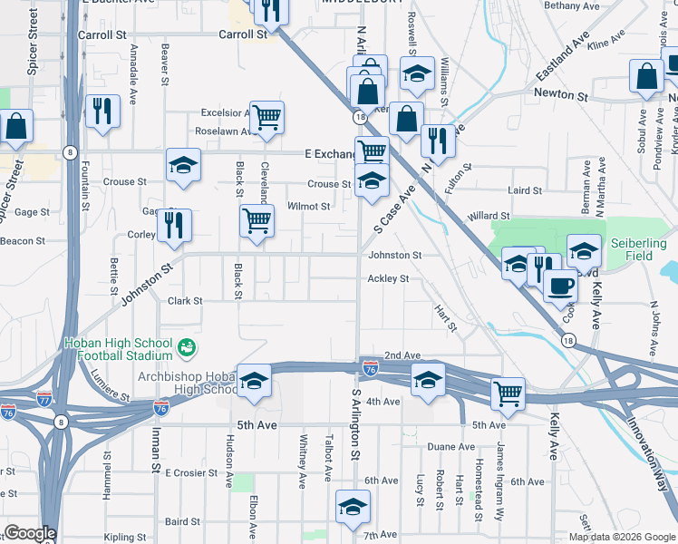 map of restaurants, bars, coffee shops, grocery stores, and more near 1053 Ackley Street in Akron