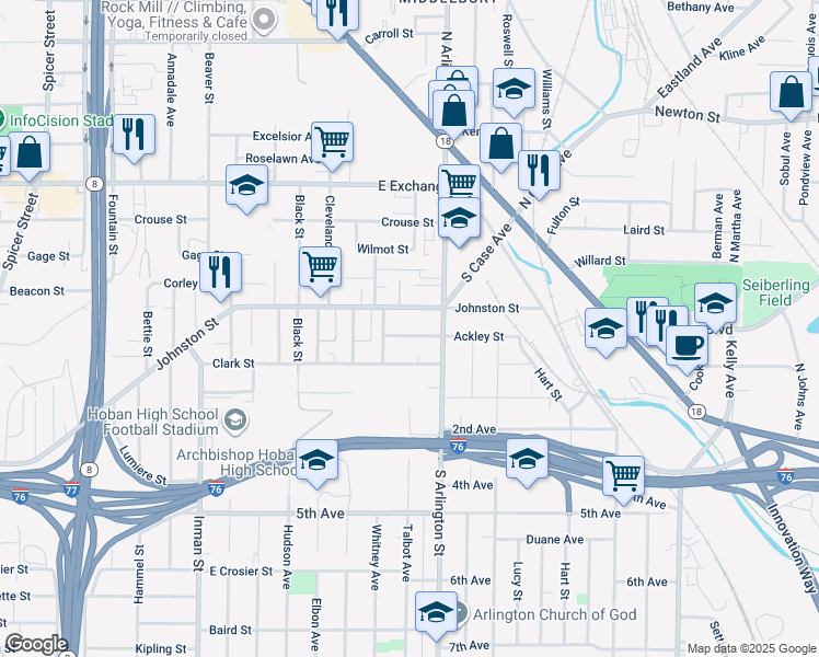 map of restaurants, bars, coffee shops, grocery stores, and more near 1053 Ackley St in Akron
