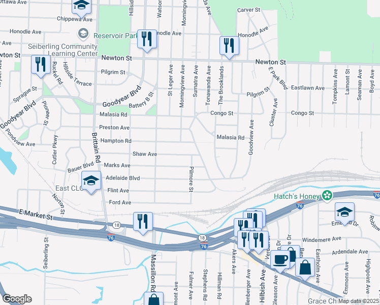 map of restaurants, bars, coffee shops, grocery stores, and more near 1903 Shaw Avenue in Akron