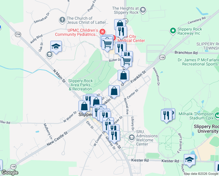 map of restaurants, bars, coffee shops, grocery stores, and more near 338 East Water Street in Slippery Rock