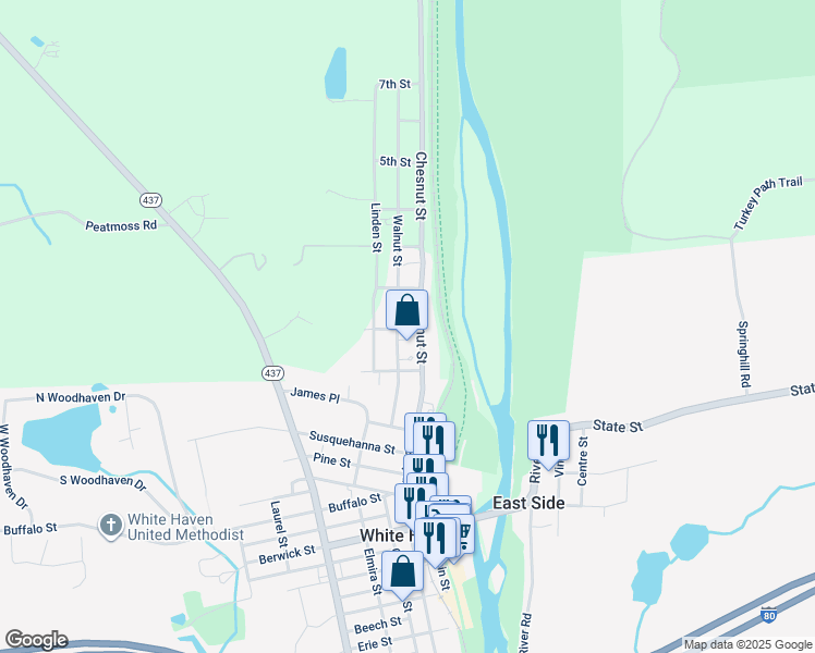 map of restaurants, bars, coffee shops, grocery stores, and more near 17 Walnut Street in White Haven
