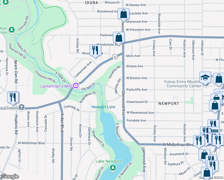 map of restaurants, bars, coffee shops, grocery stores, and more near 3204 Neosho Road in Youngstown